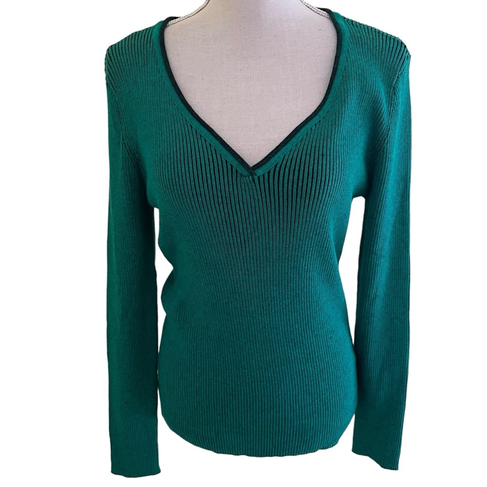 SPANNER Kelly Green with Black Ribbed Knit V-neck Sweater S